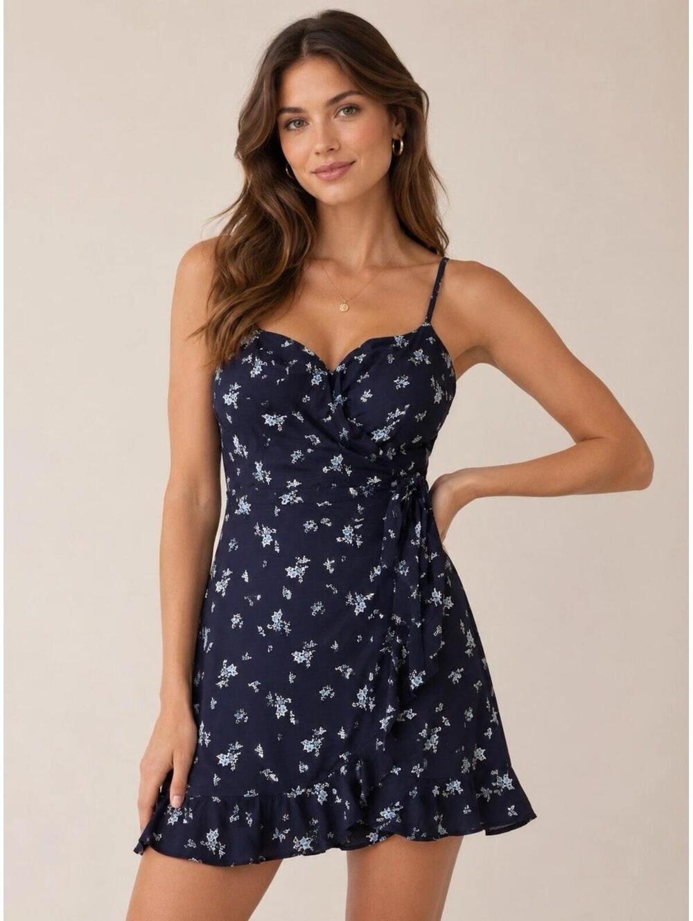 Speechless Women’s Navy Floral Wrap Mini Dress Spaghetti Strap Ruffle Hem NWOT